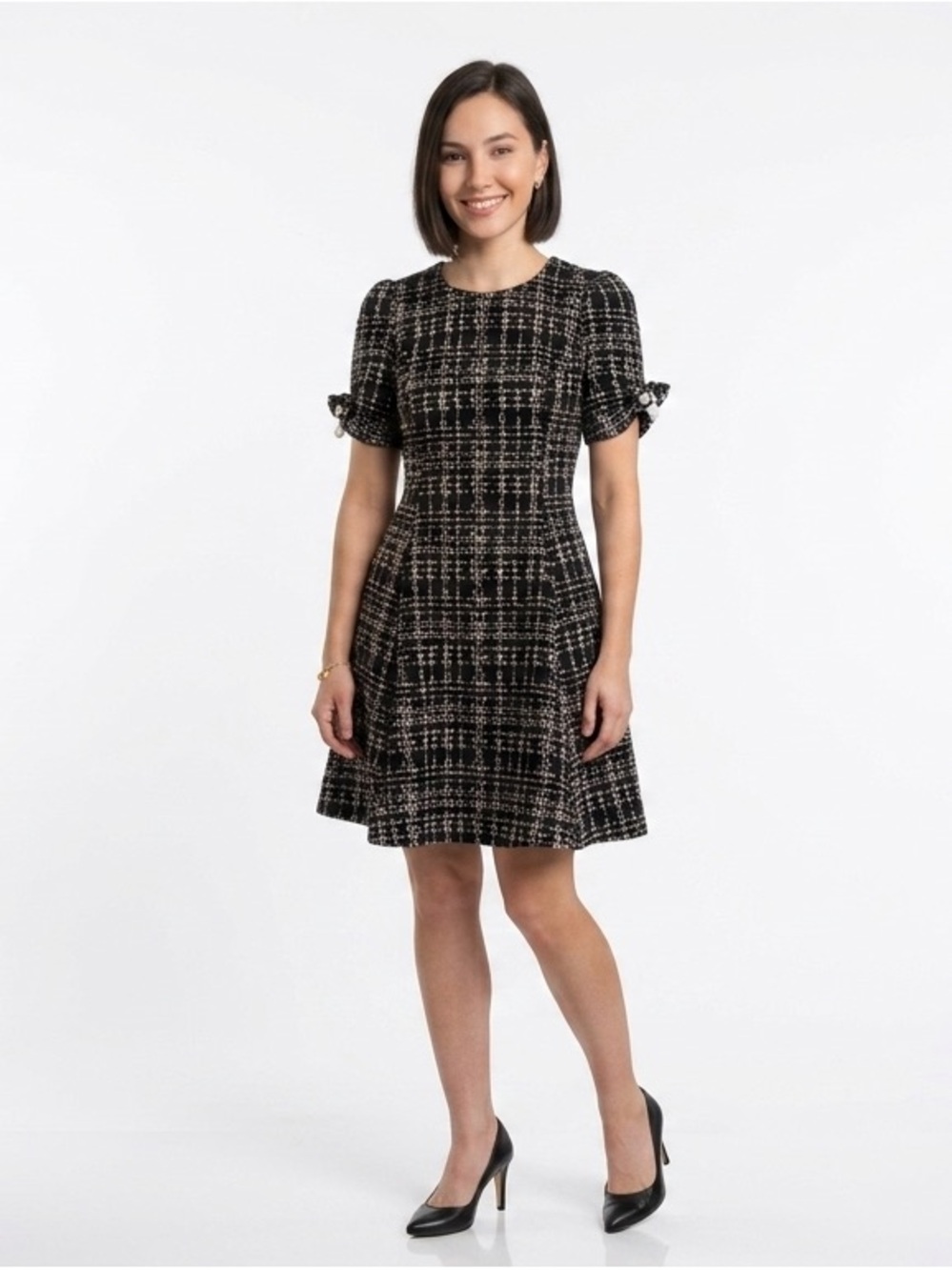 DKNY Black & Ivory Tweed Look Flounce Sleeve Fit and Flare Dress Size 4 Like New